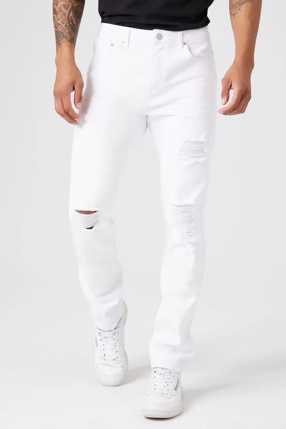 Jeans + Denim>Forever 21 Slim-Fit Distressed Jeans White