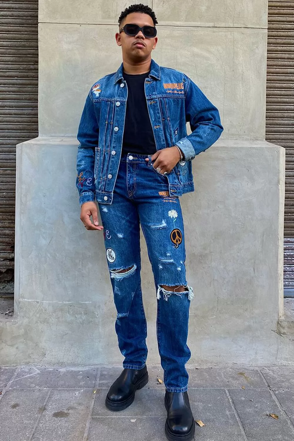 Jeans + Denim>Forever 21 Slim-Fit Patch Jeans Dark Denim