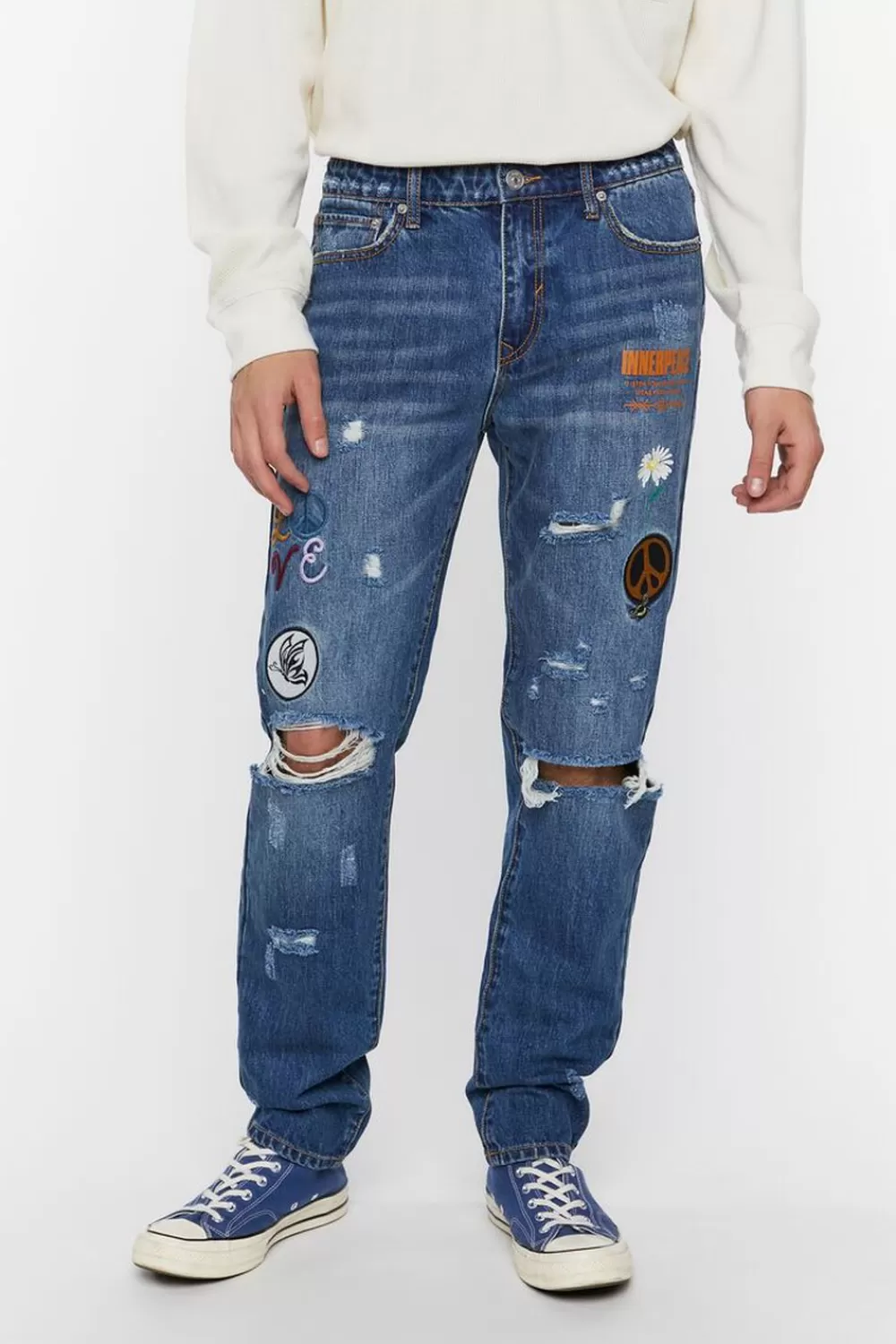 Jeans + Denim>Forever 21 Slim-Fit Patch Jeans Dark Denim