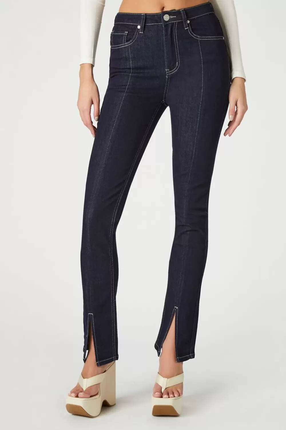 Bottoms>Forever 21 Slim-Fit Slit Jeans Dark Denim