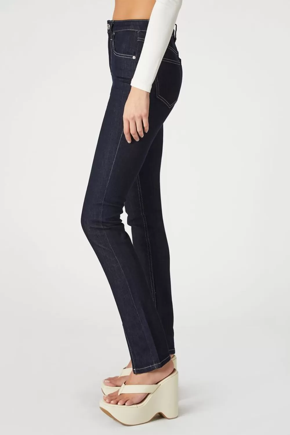 Bottoms>Forever 21 Slim-Fit Slit Jeans Dark Denim