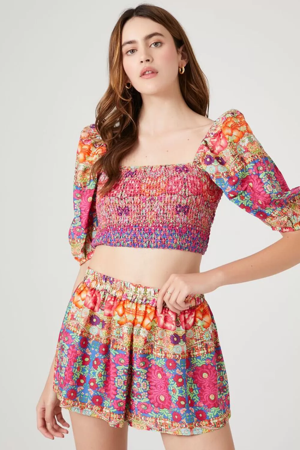 Matching Sets>Forever 21 Smocked Ornate Floral Print Shorts Pink/Multi