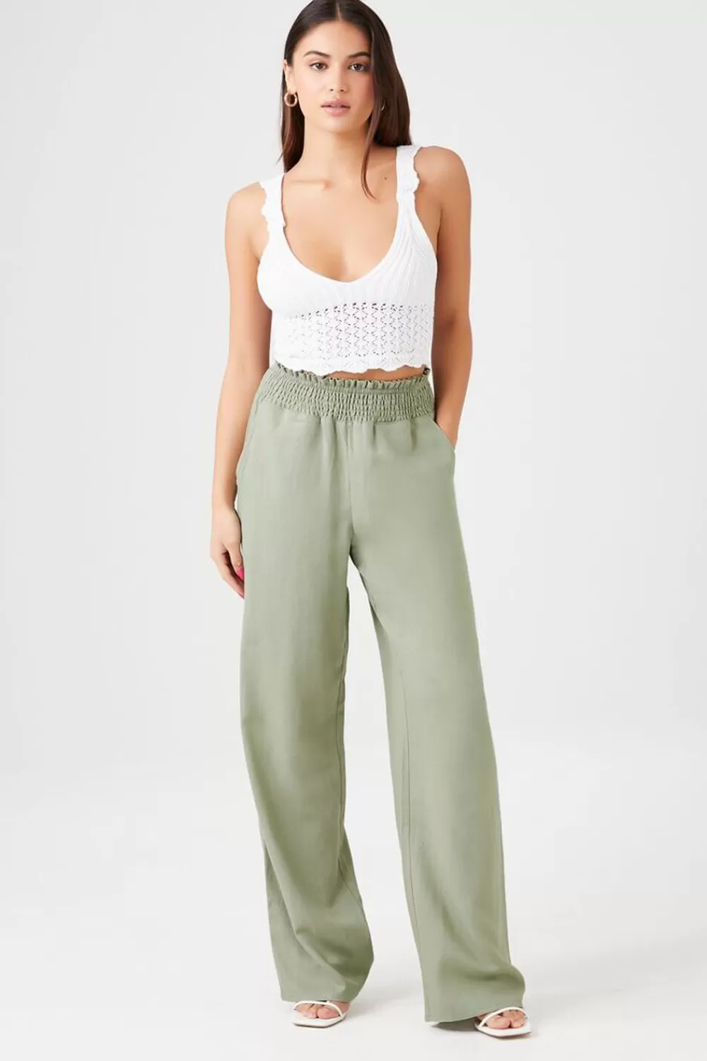 Bottoms>Forever 21 Smocked Wide-Leg Pants Green