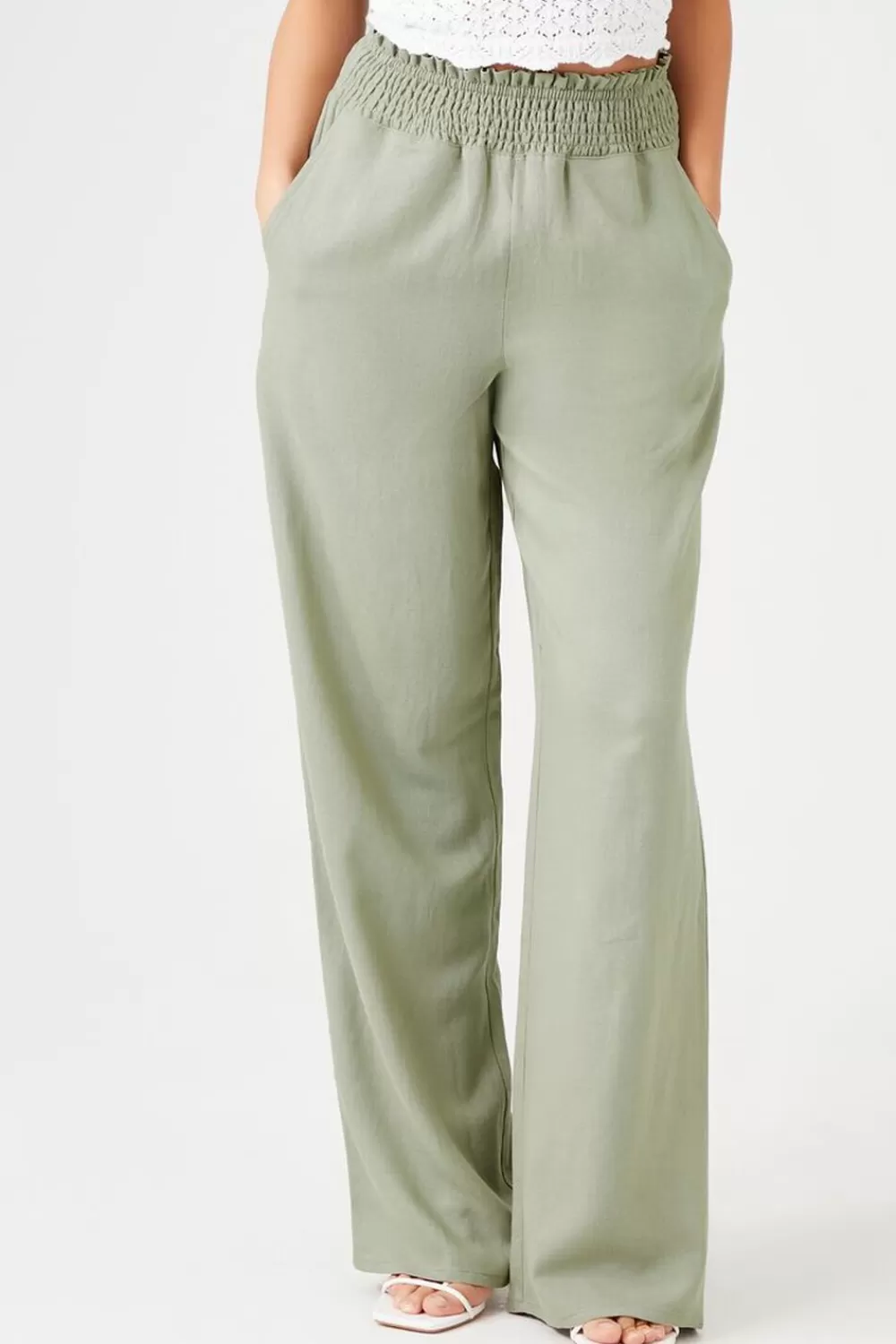 Bottoms>Forever 21 Smocked Wide-Leg Pants Green