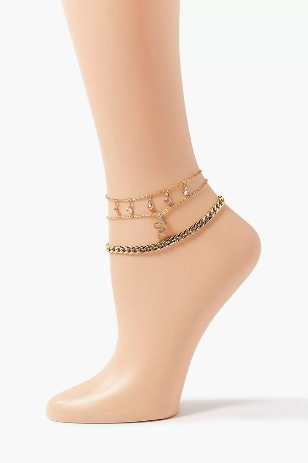Body Jewelry>Forever 21 Snake Charm Chain Anklet Set Gold/Clear