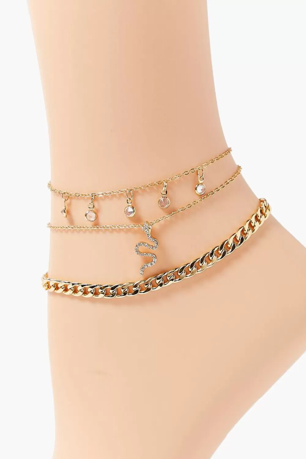 Body Jewelry>Forever 21 Snake Charm Chain Anklet Set Gold/Clear