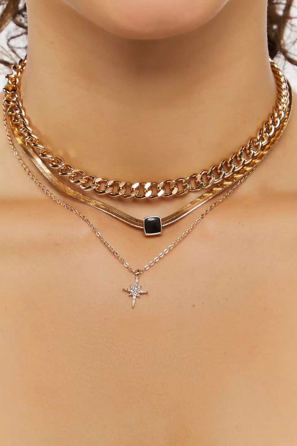 Necklaces>Forever 21 Star & Faux Gem Layered Necklace Black/Gold