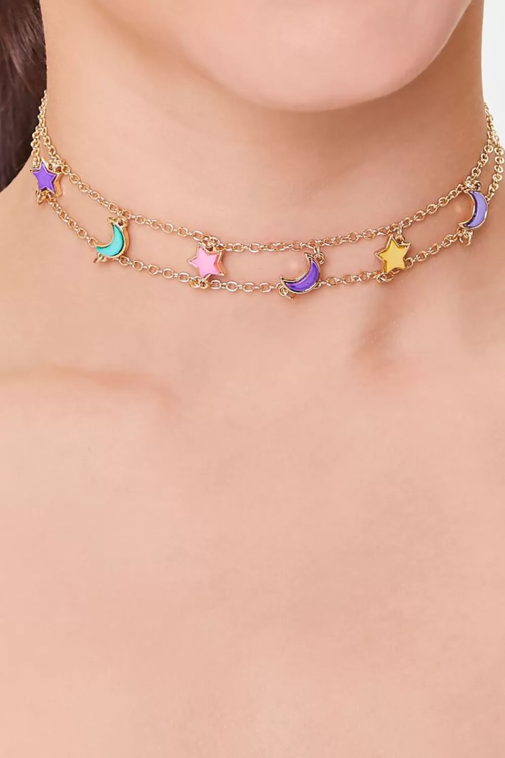 Necklaces>Forever 21 Star & Moon Layered Choker Necklace Gold/Multi