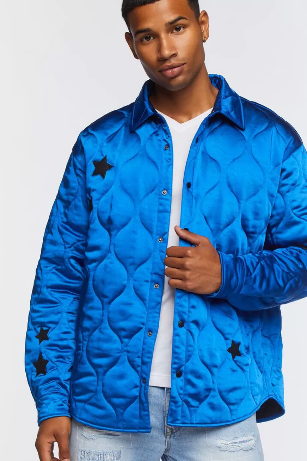 Jackets + Outerwear>Forever 21 Star Embroidered Quilted Shacket Blue/Black