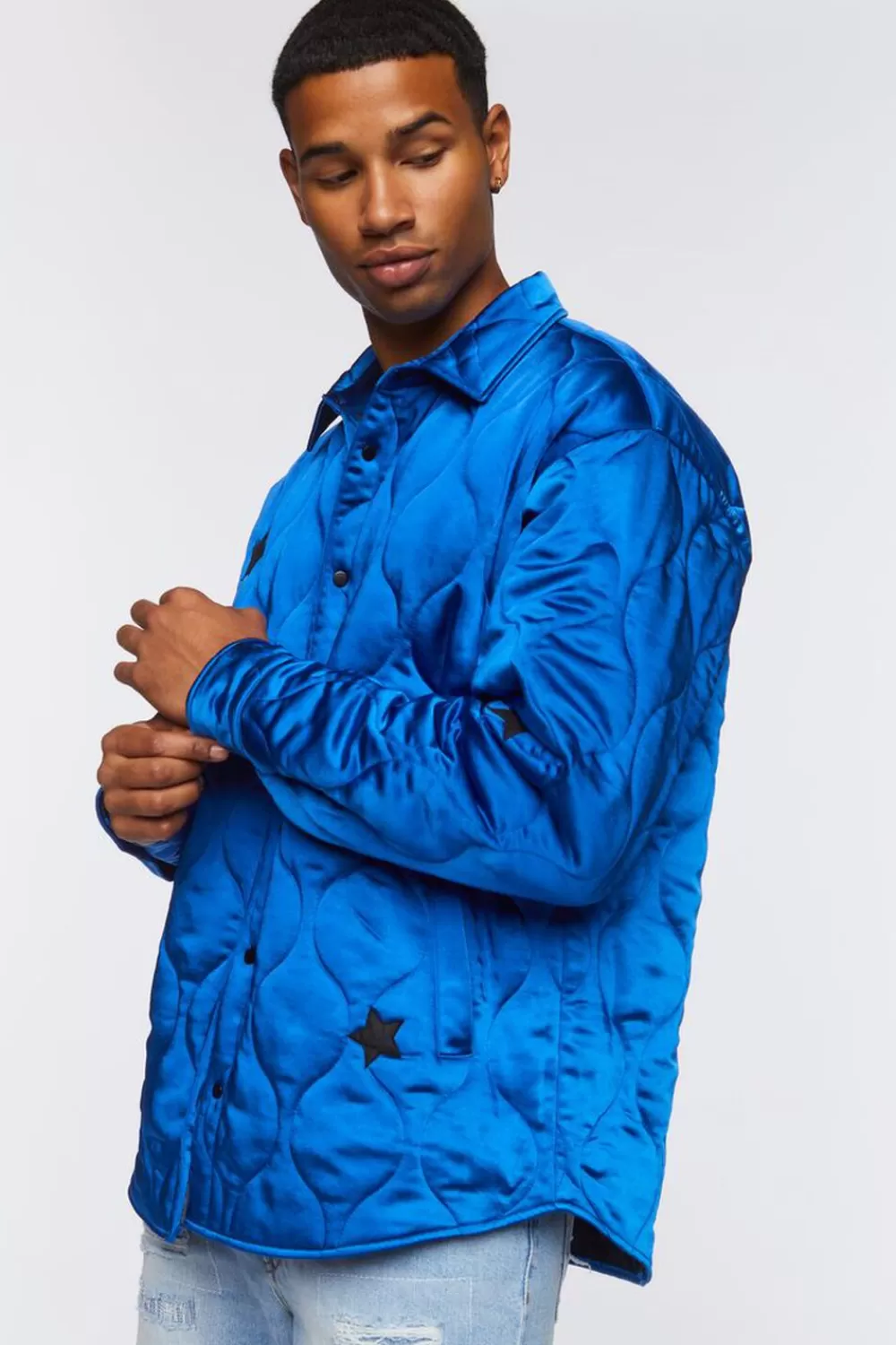 Jackets + Outerwear>Forever 21 Star Embroidered Quilted Shacket Blue/Black
