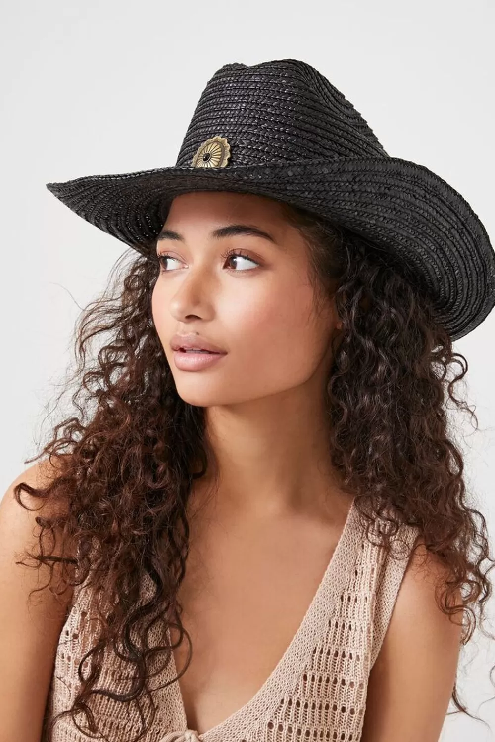 Hats + Beanies>Forever 21 Straw Cowboy Hat Black/Gold