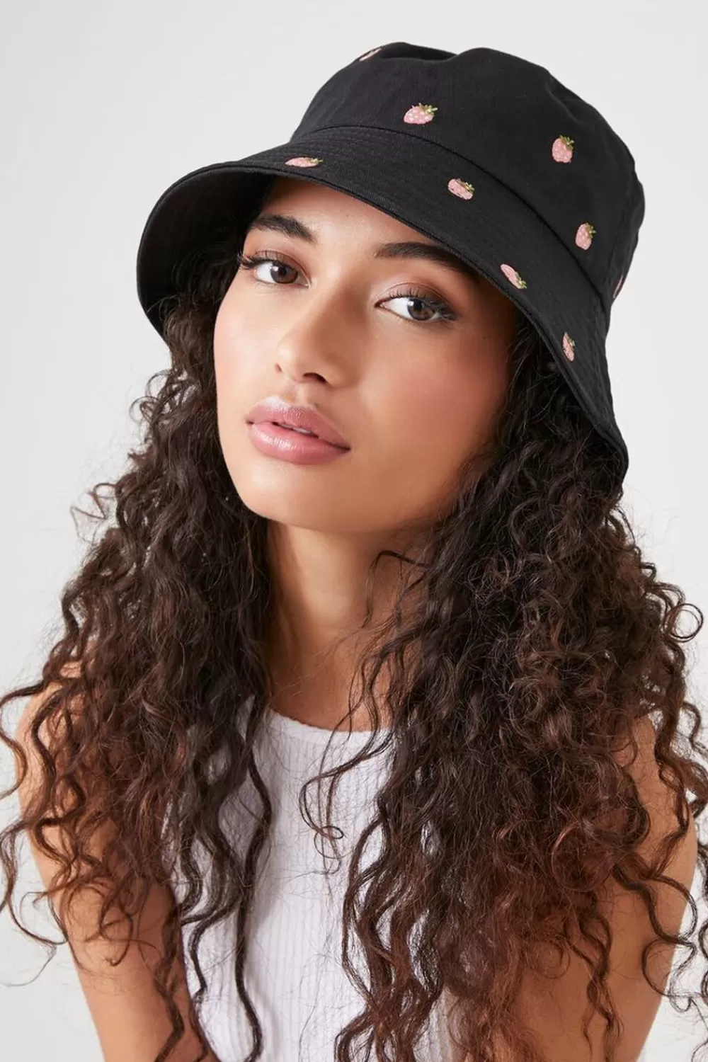 Hats + Beanies>Forever 21 Strawberry Embroidered Bucket Hat Black/Pink