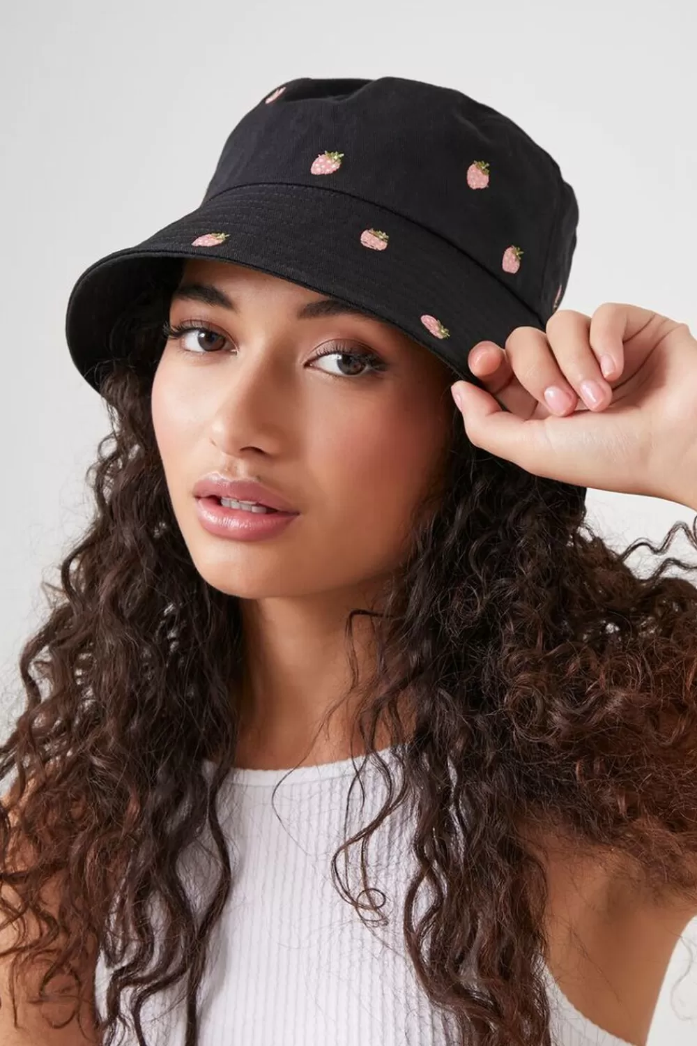 Hats + Beanies>Forever 21 Strawberry Embroidered Bucket Hat Black/Pink