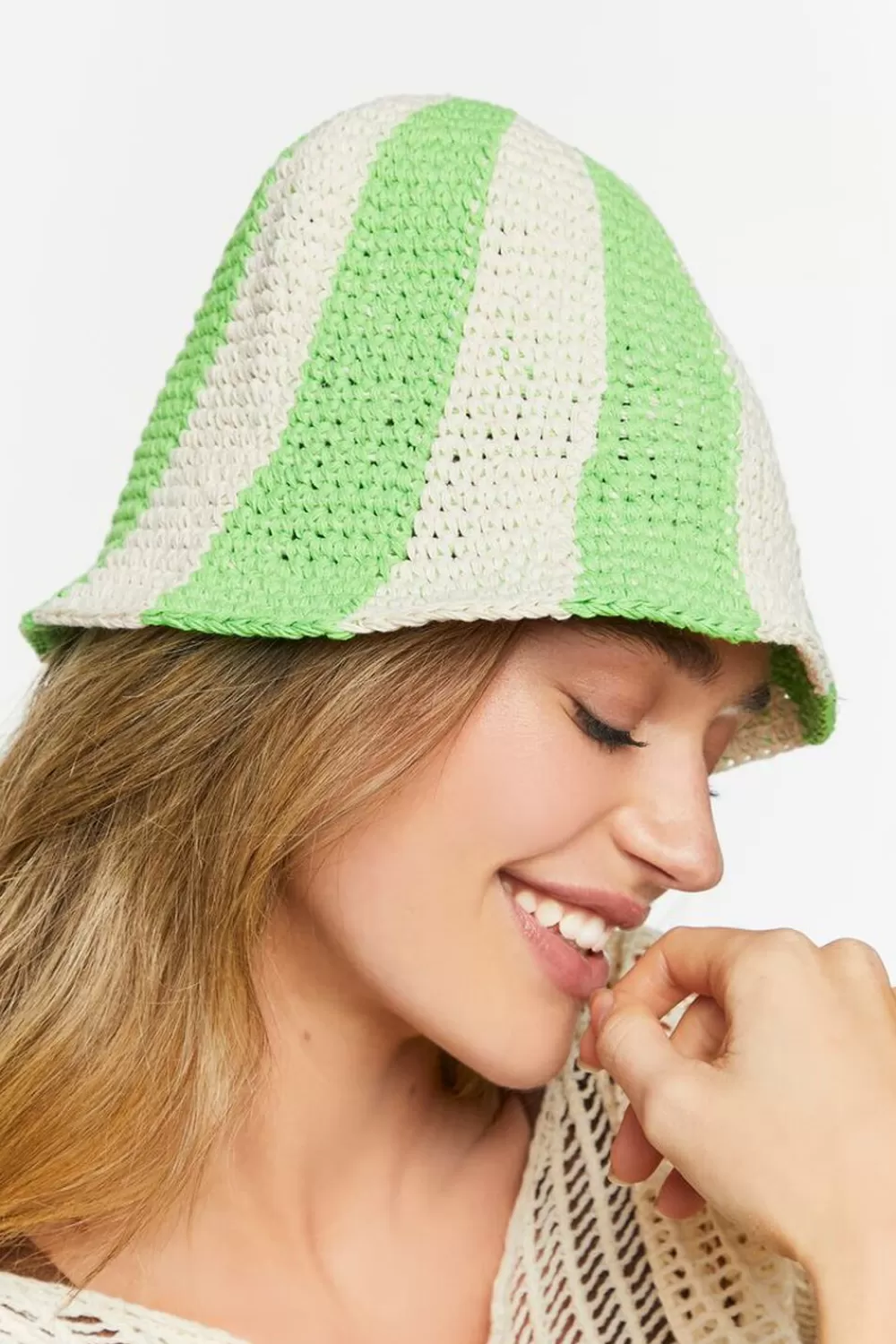Hats + Beanies>Forever 21 Striped Crochet Bucket Hat Cream/Lime