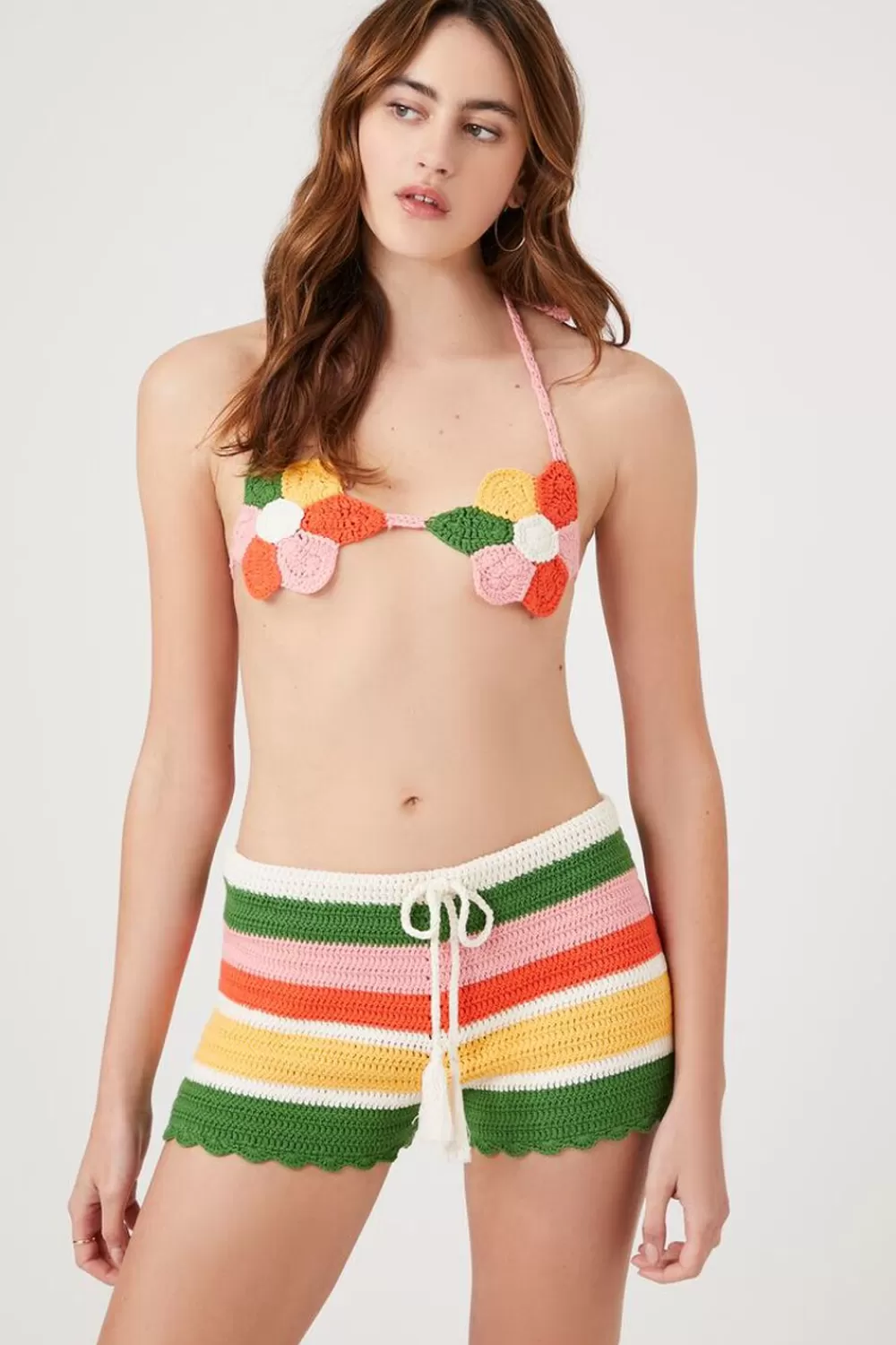 Matching Sets>Forever 21 Striped Crochet Drawstring Shorts Pink/Multi