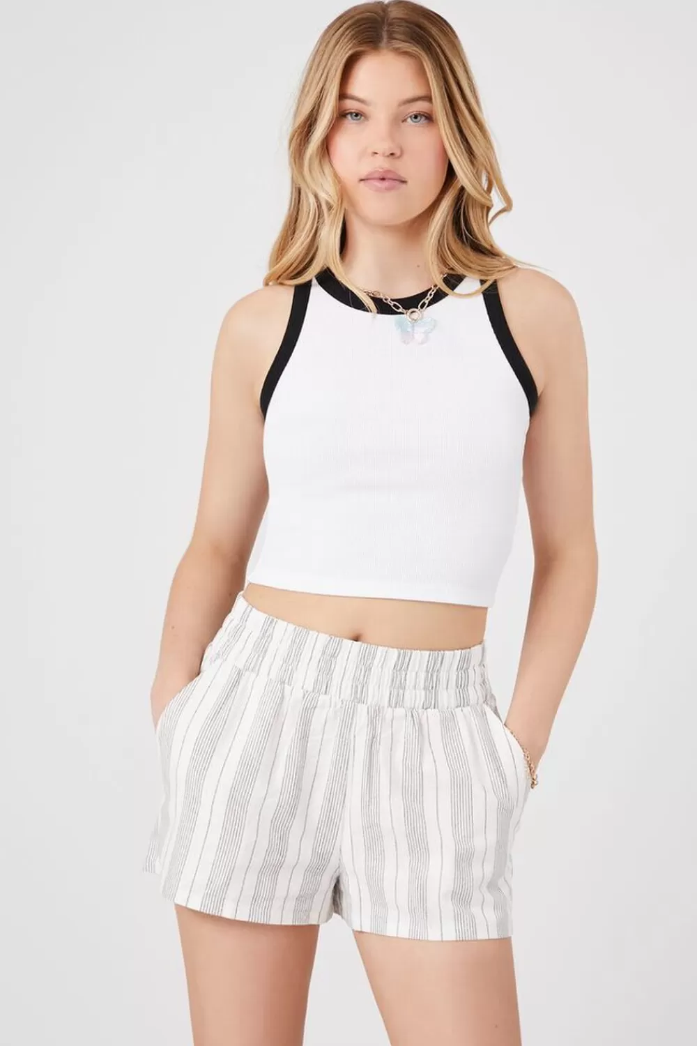 Bottoms>Forever 21 Striped Pull-On Shorts Ivory/Black