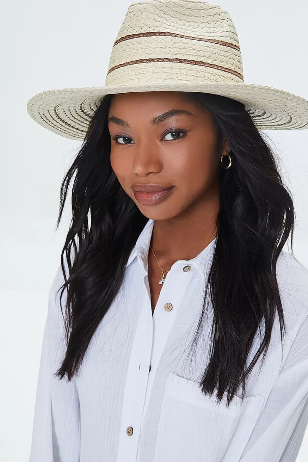 Hats + Beanies>Forever 21 Striped Straw Fedora Natural/Brown