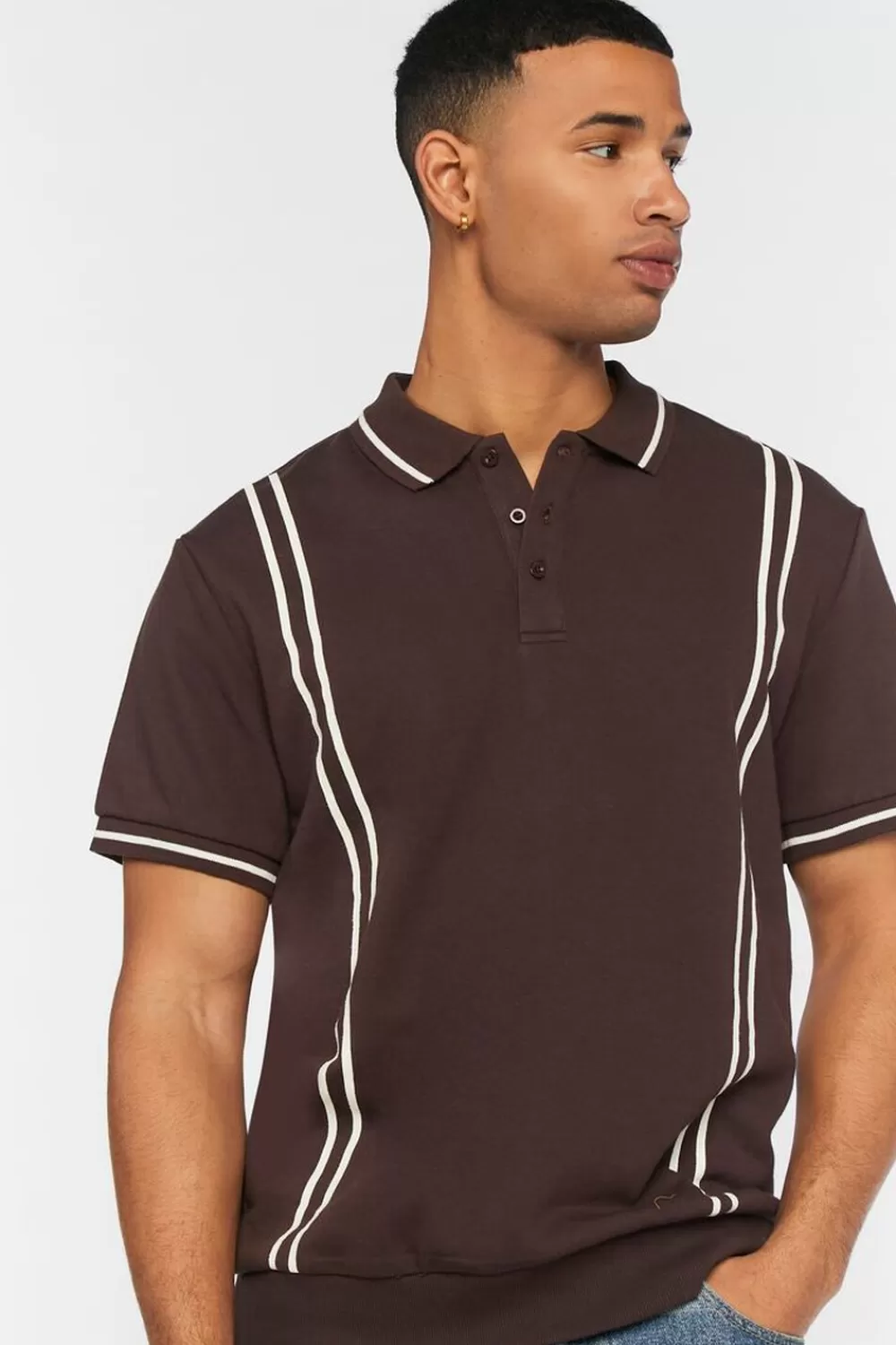 Tops>Forever 21 Striped-Trim Polo Shirt Cocoa/Multi