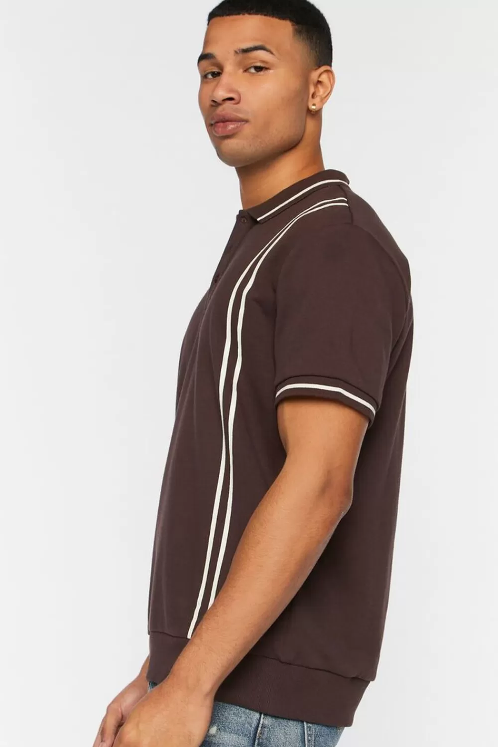 Tops>Forever 21 Striped-Trim Polo Shirt Cocoa/Multi
