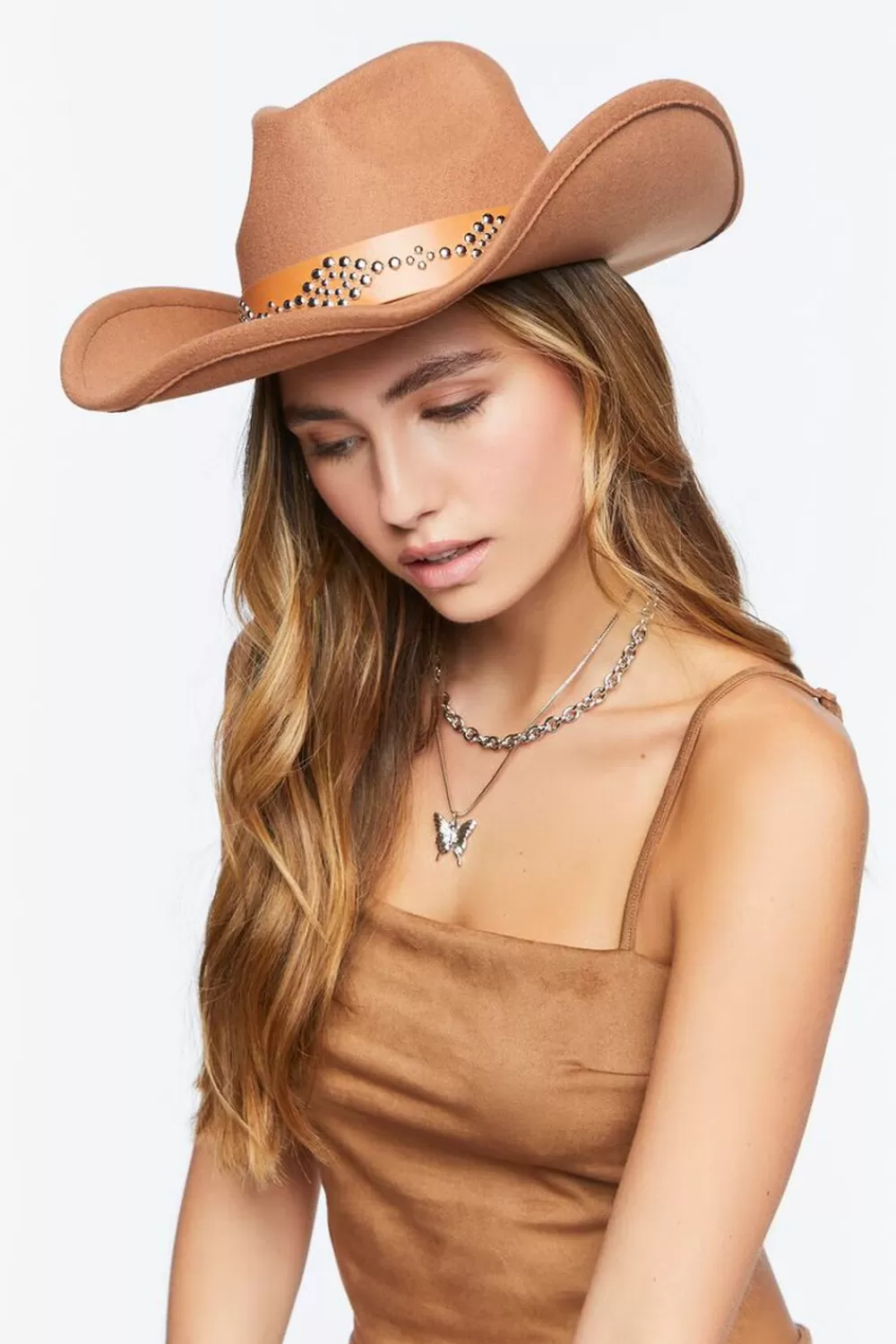 Hats + Beanies>Forever 21 Studded Faux Leather-Trim Cowboy Hat Brown/Brown