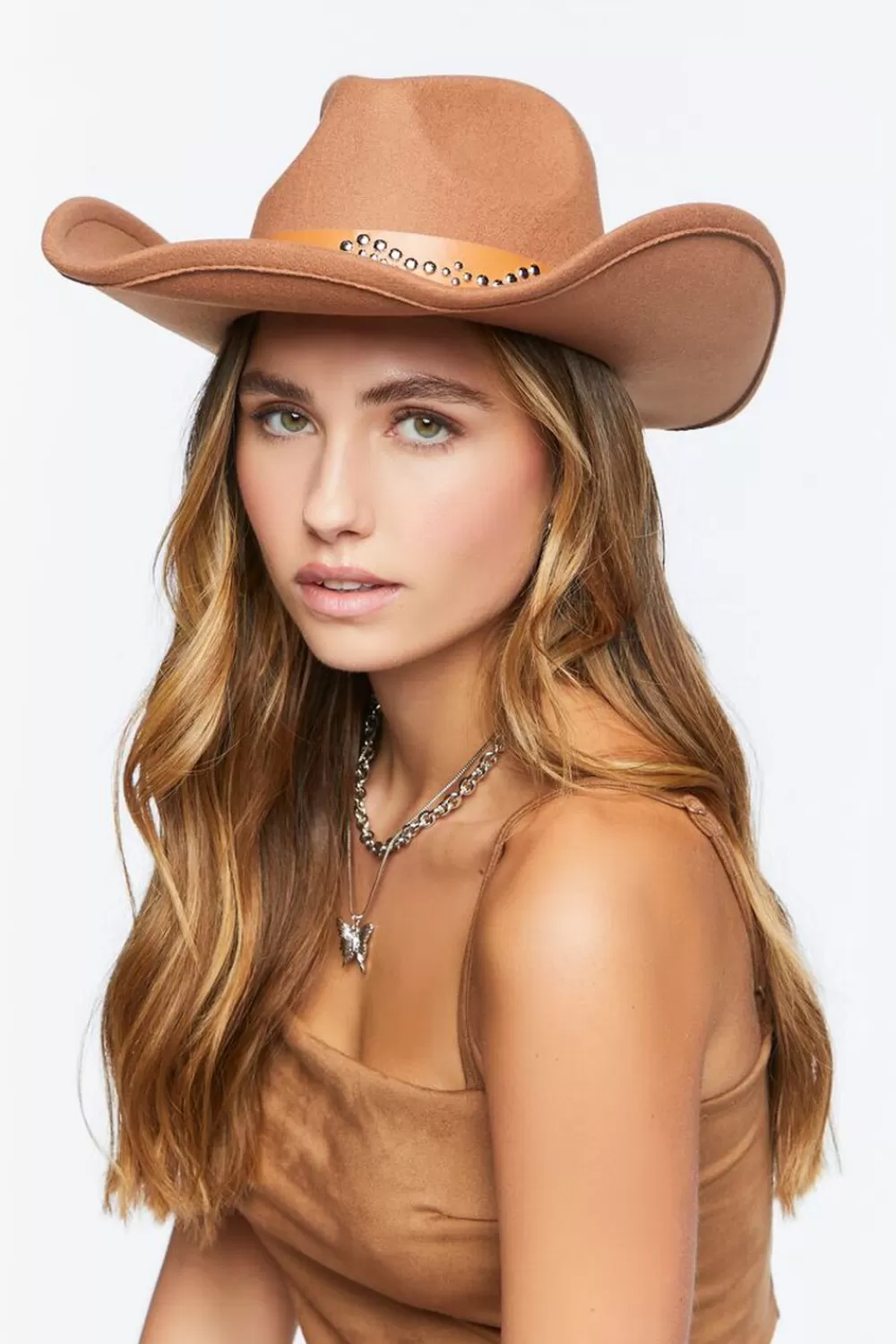 Hats + Beanies>Forever 21 Studded Faux Leather-Trim Cowboy Hat Brown/Brown