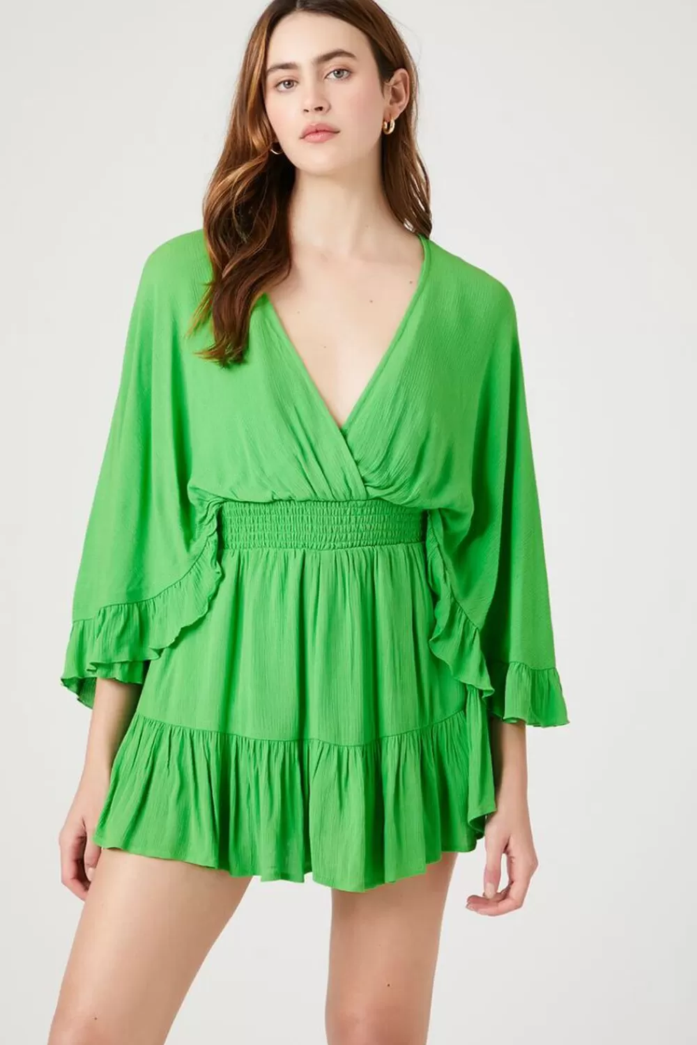 Rompers + Jumpsuits>Forever 21 Surplice Angel-Sleeve Romper Green