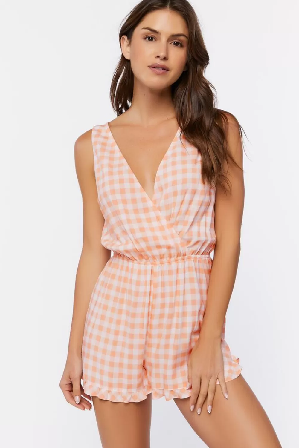 Loungewear>Forever 21 Surplice Gingham Romper Peach/White