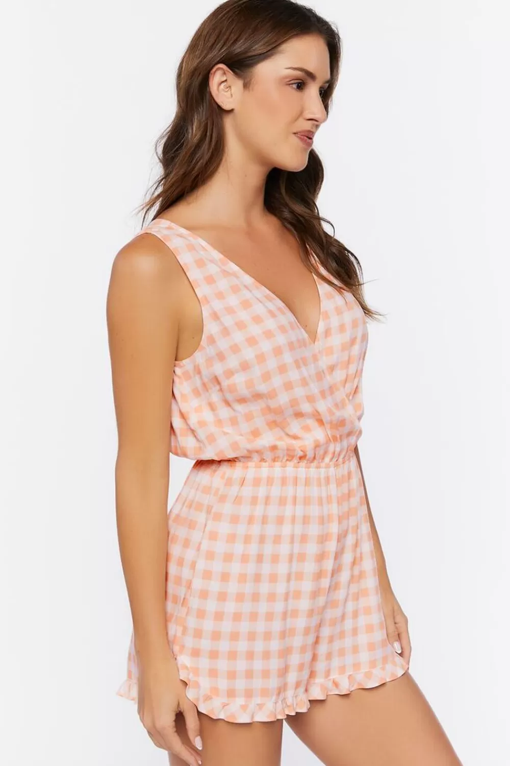 Loungewear>Forever 21 Surplice Gingham Romper Peach/White