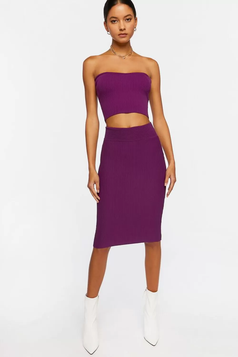 Matching Sets>Forever 21 Sweater-Knit Midi Skirt Purple