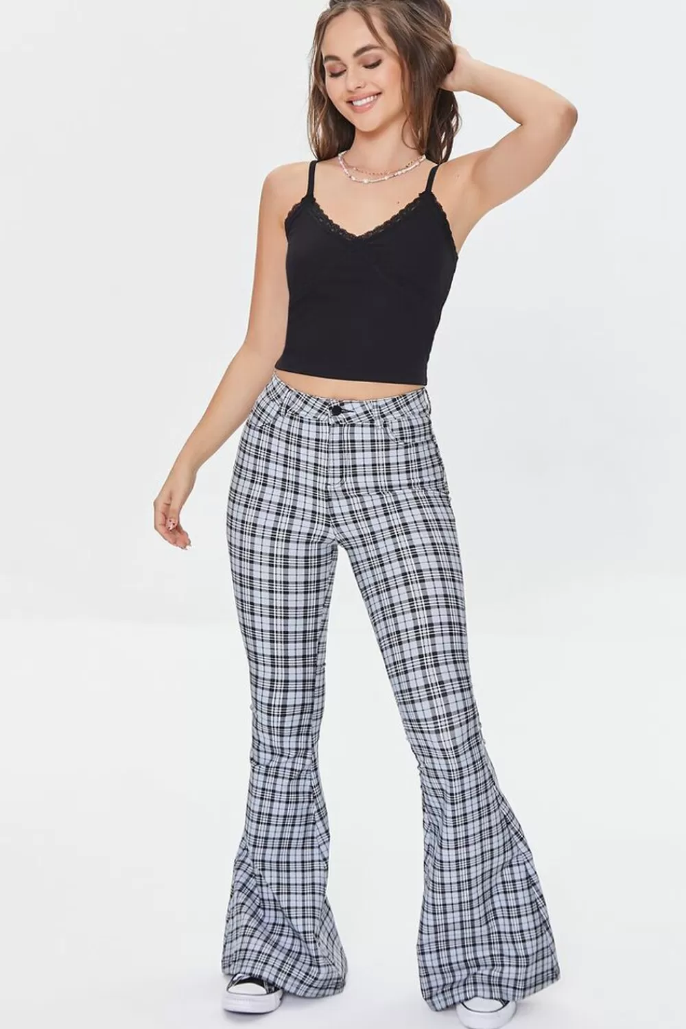Bottoms>Forever 21 Tartan Plaid Flare Pants Sky Blue/Multi
