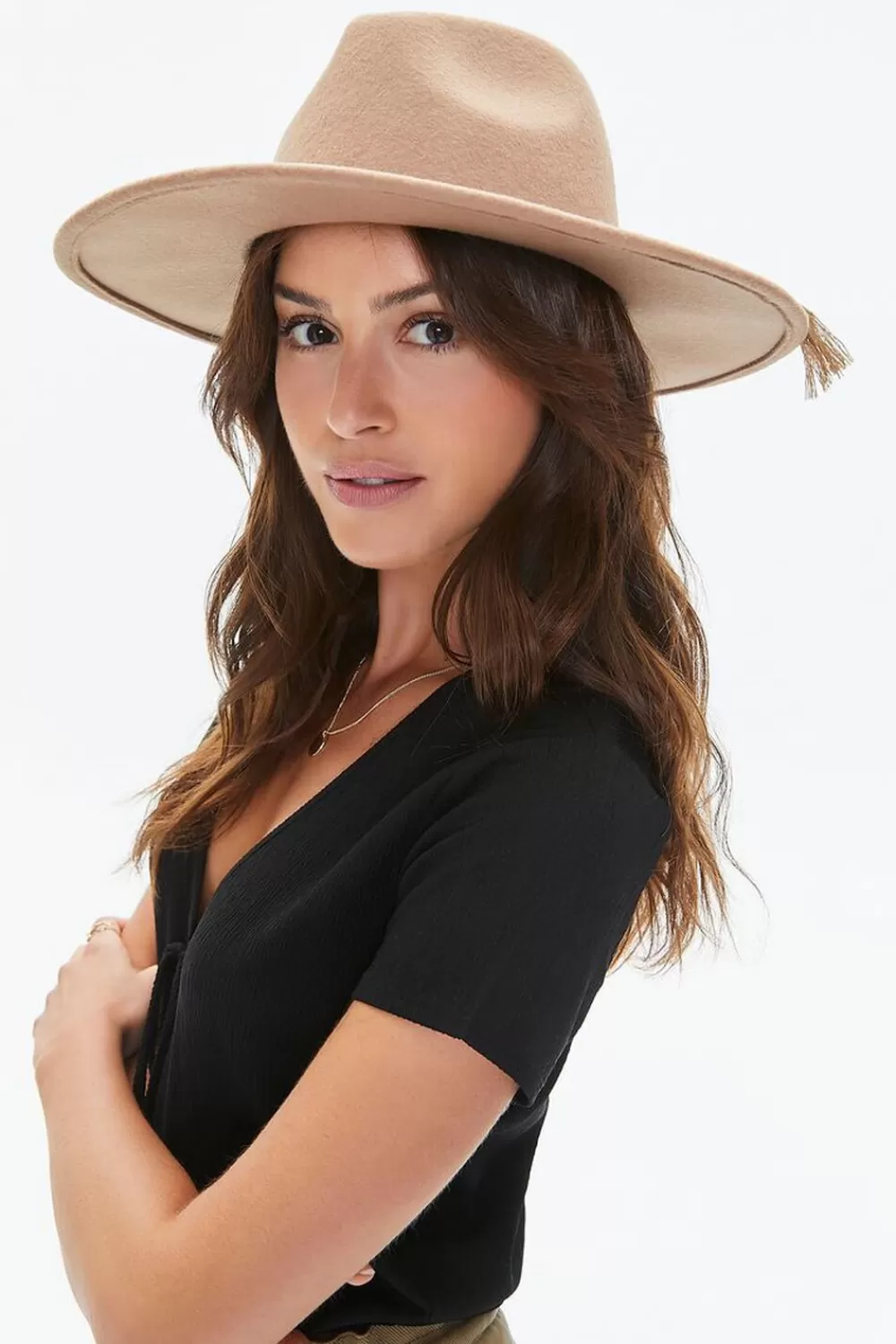 Hats + Beanies>Forever 21 Tassel-Trim Cowboy Hat Tan
