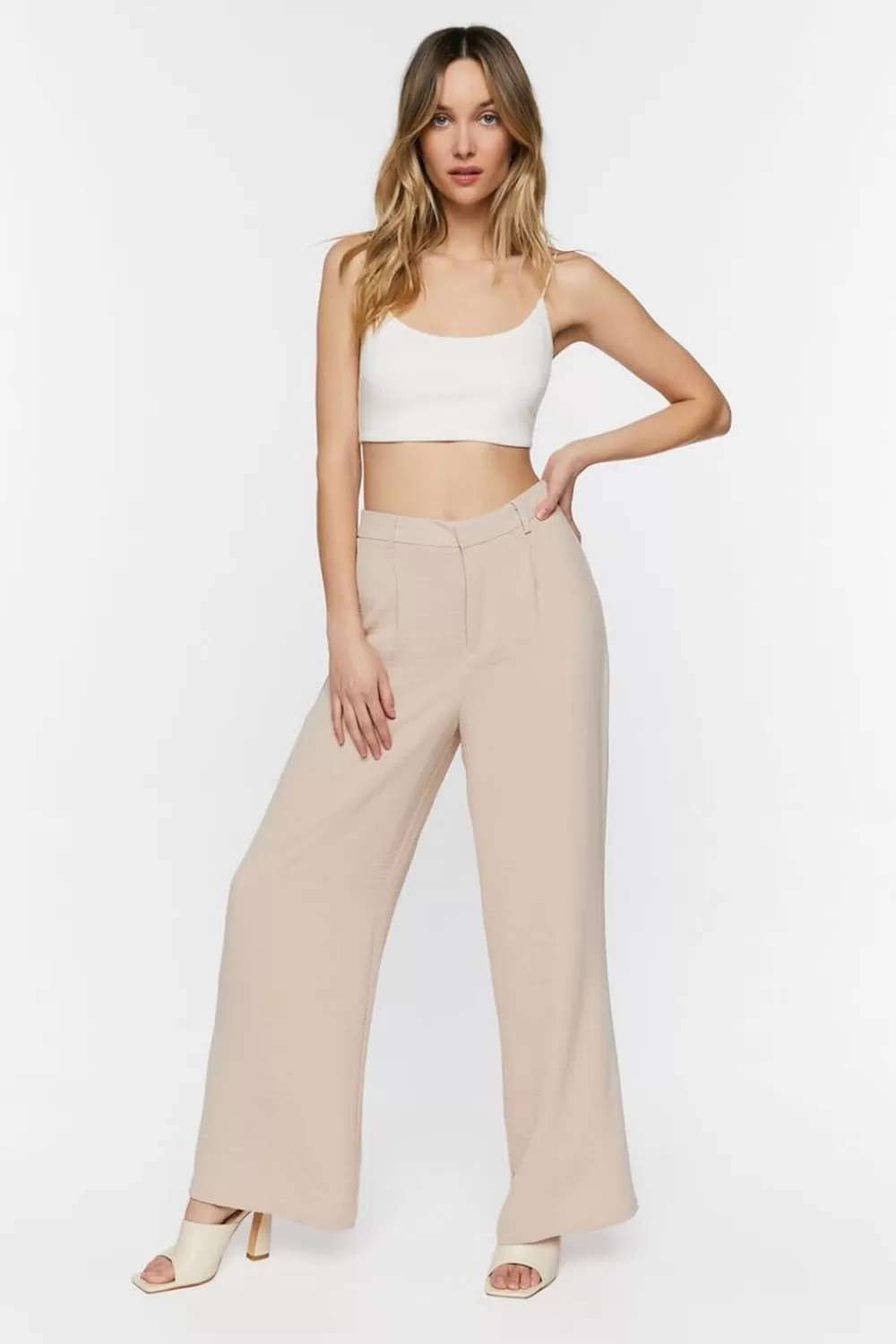 Bottoms>Forever 21 Textured High-Rise Trousers Taupe