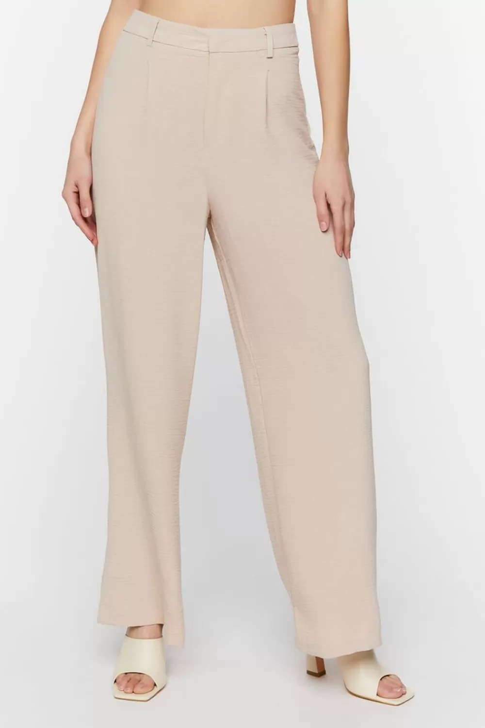 Bottoms>Forever 21 Textured High-Rise Trousers Taupe