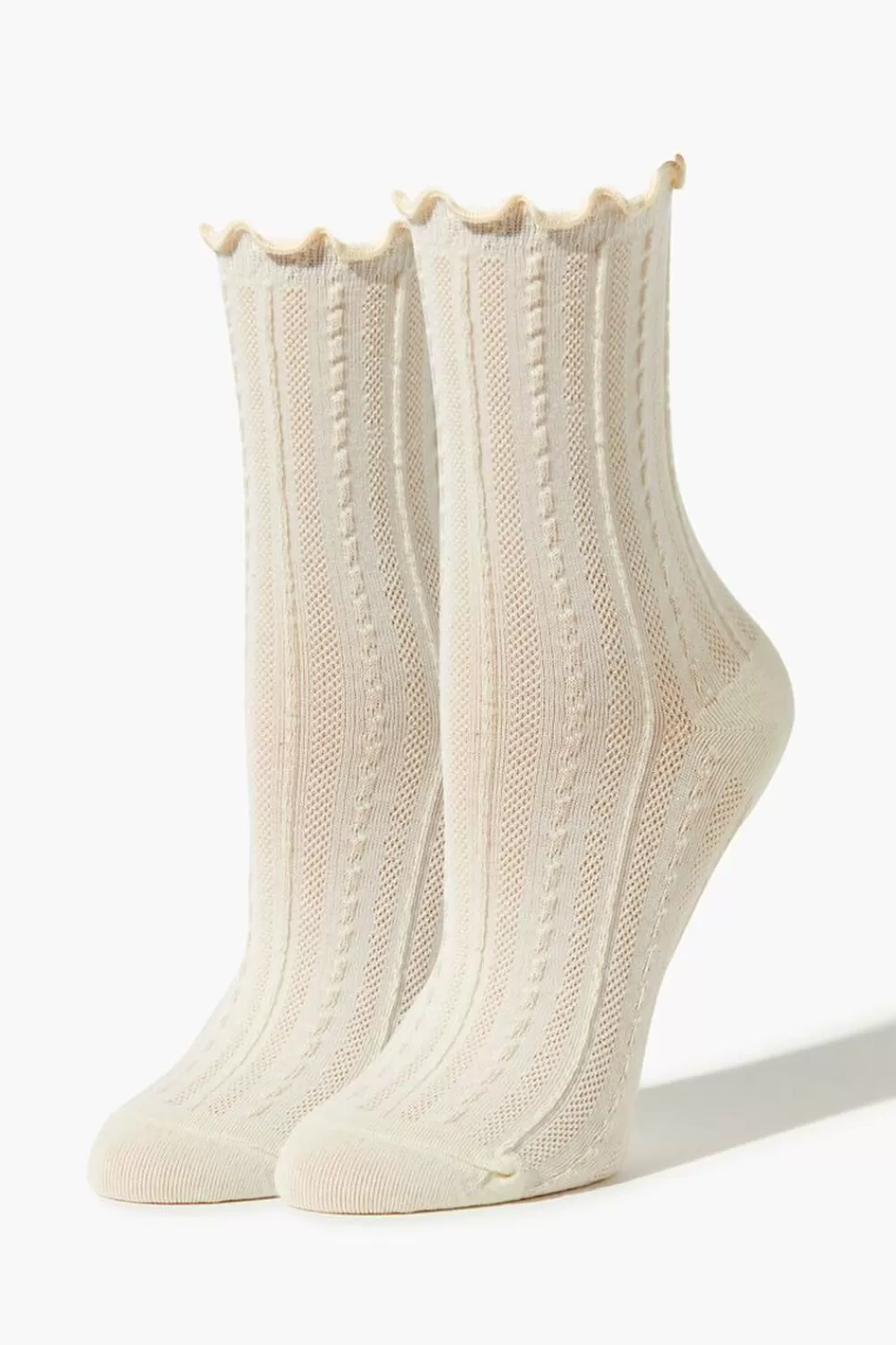 Socks + Tights>Forever 21 Textured Lettuce-Edge Crew Socks White