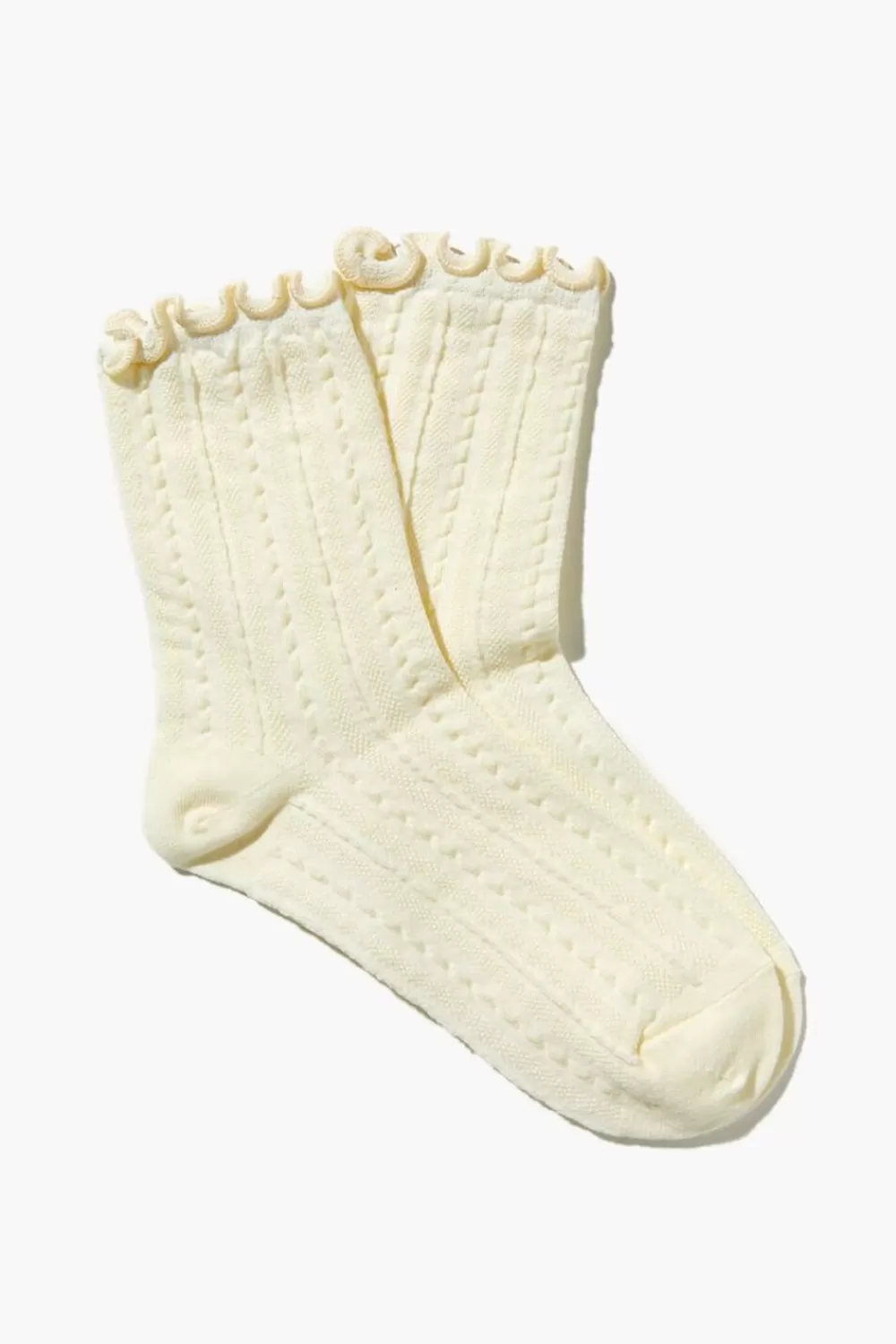 Socks + Tights>Forever 21 Textured Lettuce-Edge Crew Socks White