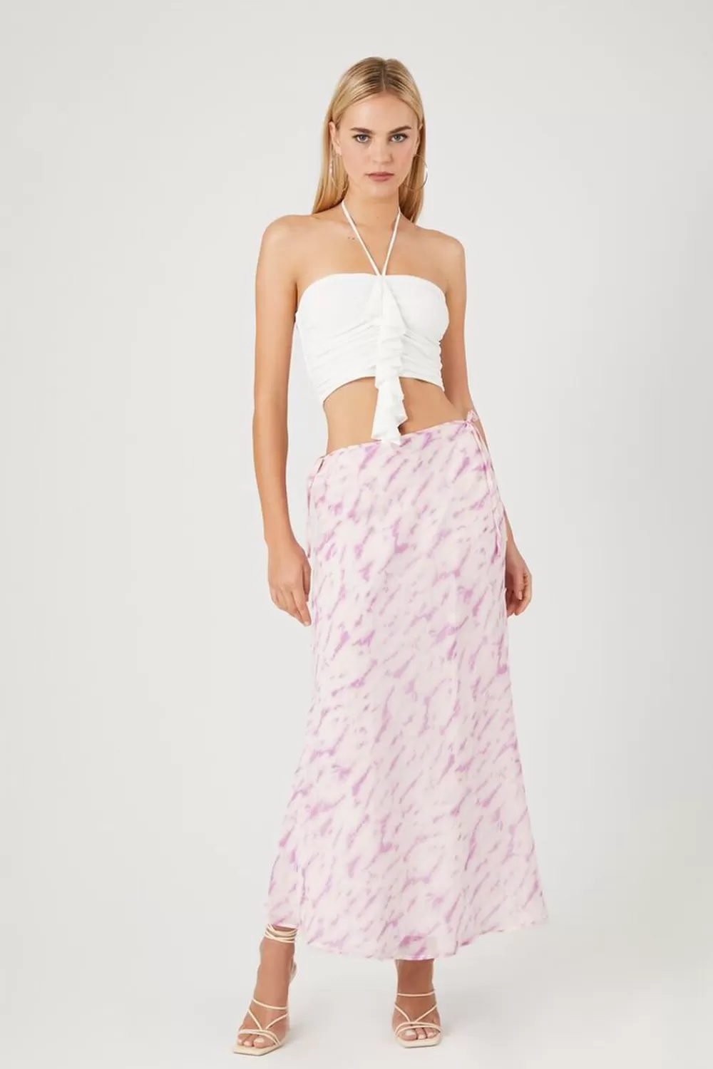 Bottoms>Forever 21 Tie-Dye Slip Midi Skirt Ivory/Multi