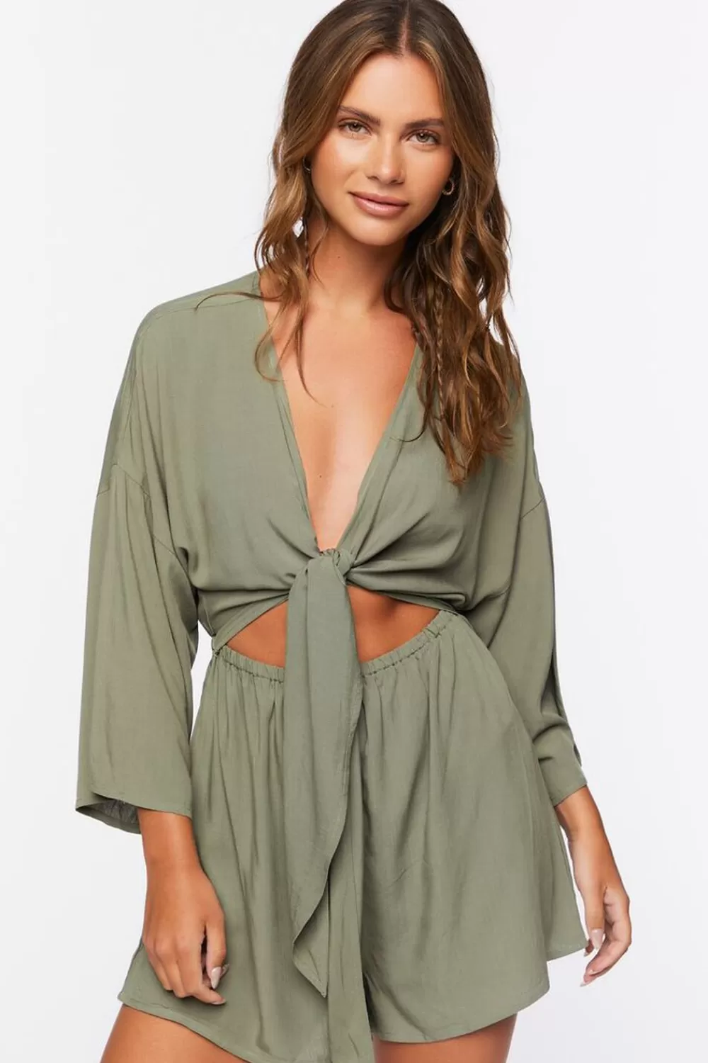 Rompers + Jumpsuits>Forever 21 Tie-Front Cutout Romper Olive