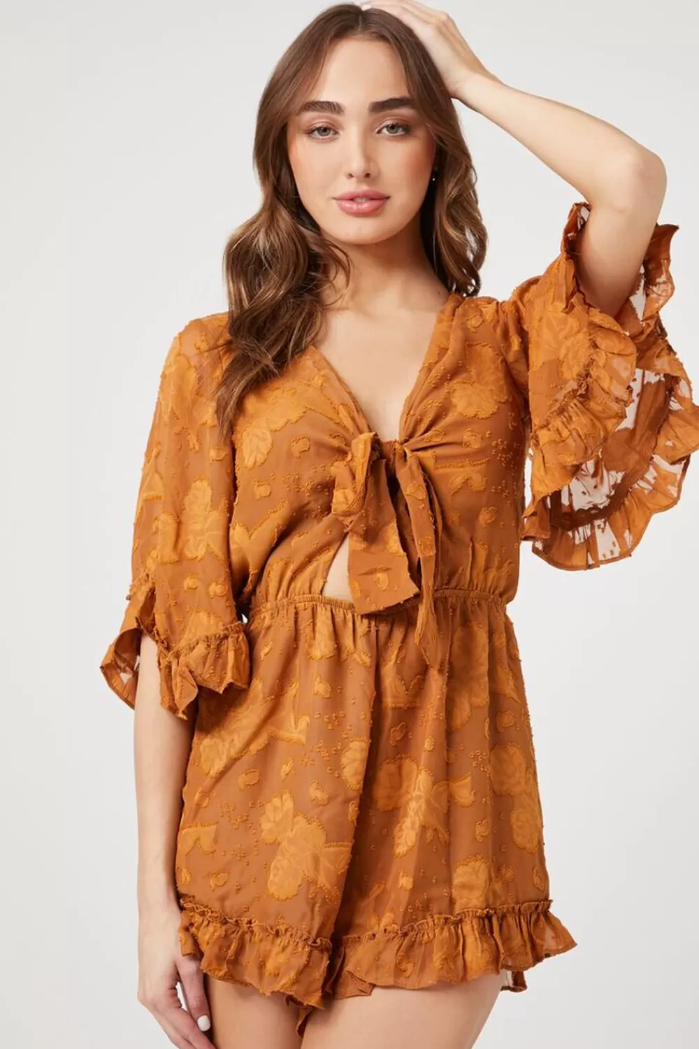 Rompers + Jumpsuits>Forever 21 Tie-Front Cutout Romper Cognac/Cognac