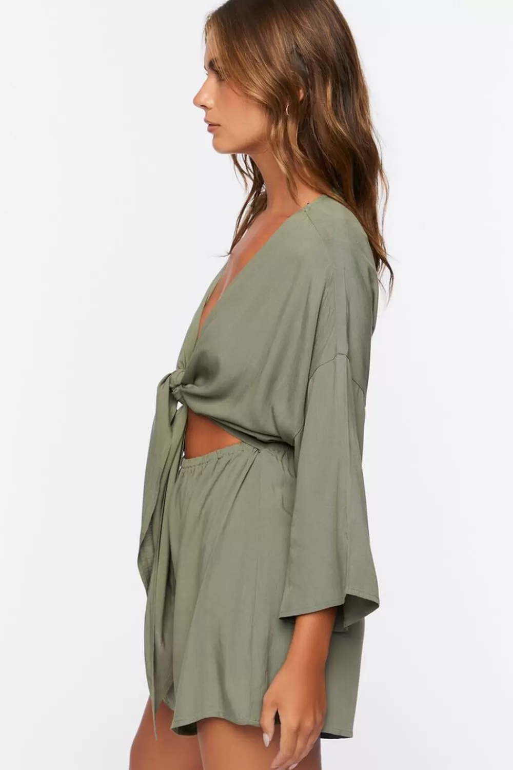 Rompers + Jumpsuits>Forever 21 Tie-Front Cutout Romper Olive