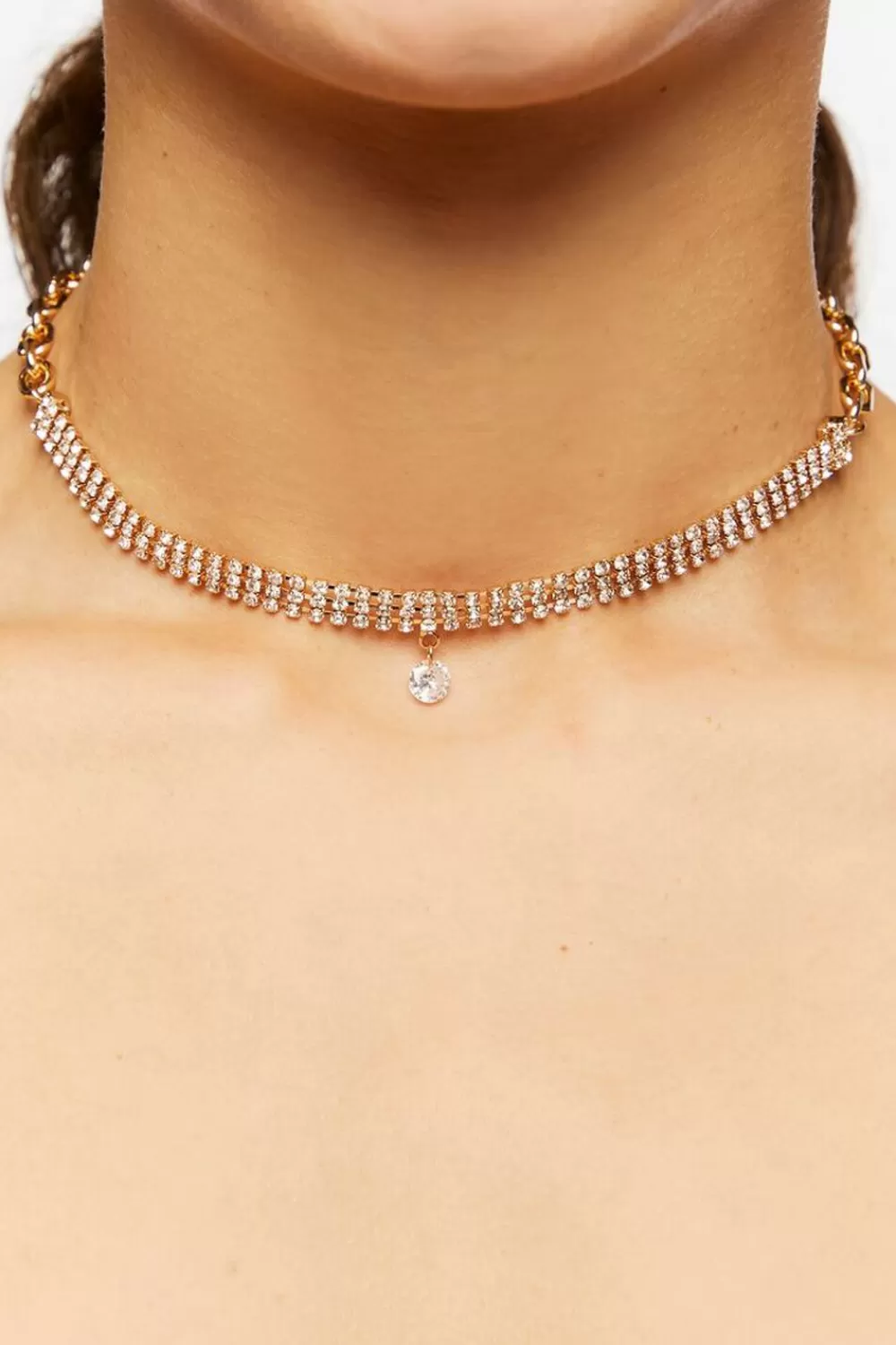 Necklaces>Forever 21 Tiered Rhinestone Choker Necklace Gold