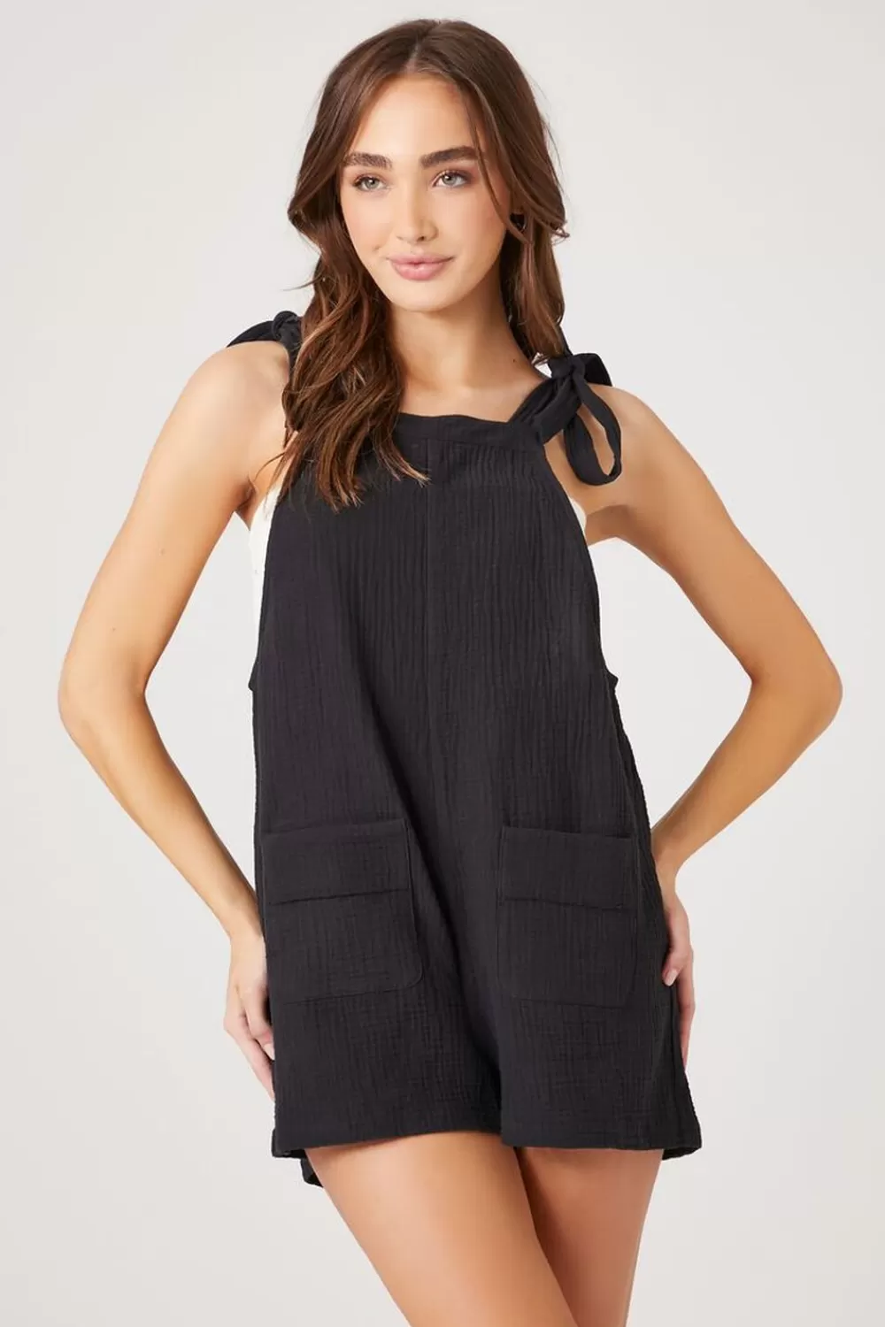 Rompers + Jumpsuits>Forever 21 Tie-Strap Pocket Romper Black