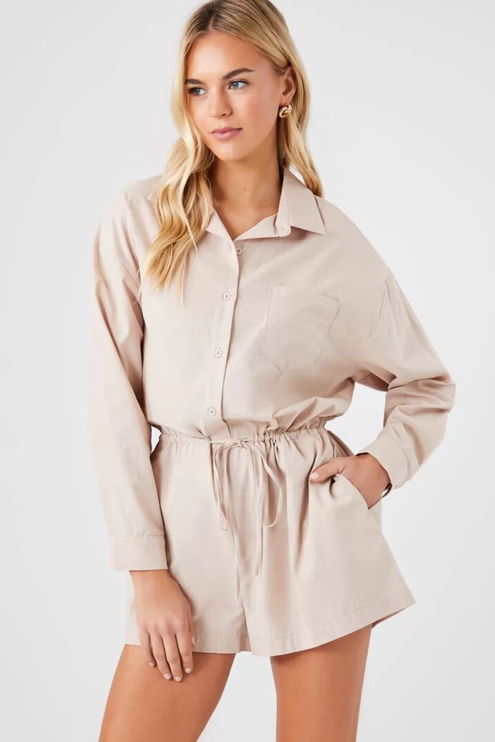 Rompers + Jumpsuits>Forever 21 Tie-Waist Shirt Romper Natural