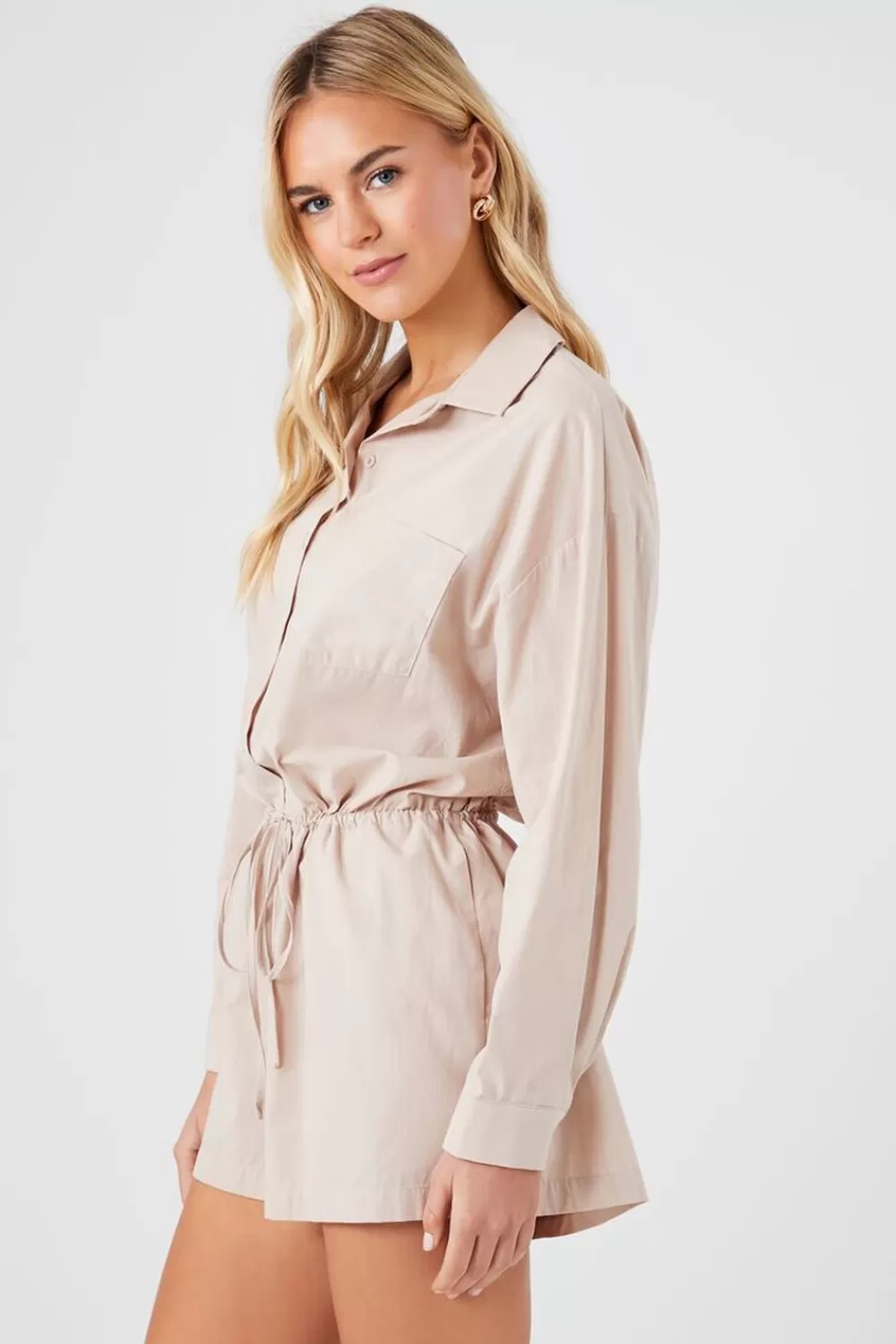 Rompers + Jumpsuits>Forever 21 Tie-Waist Shirt Romper Natural