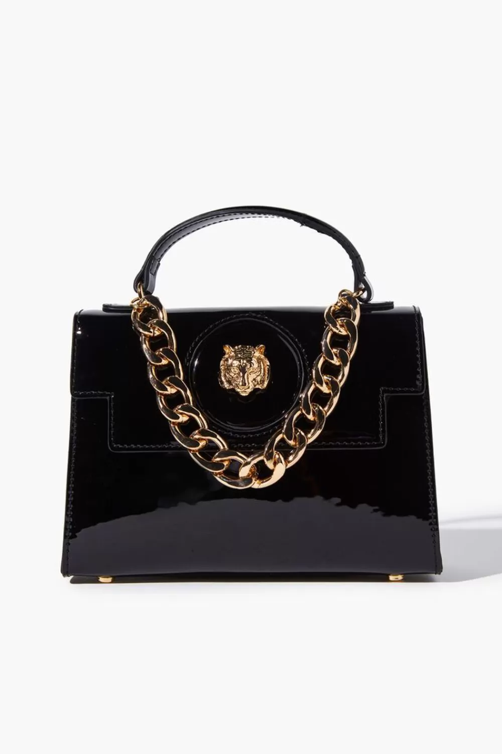 Bags + Backpacks>Forever 21 Tiger-Embellished Faux Patent Leather Satchel Black