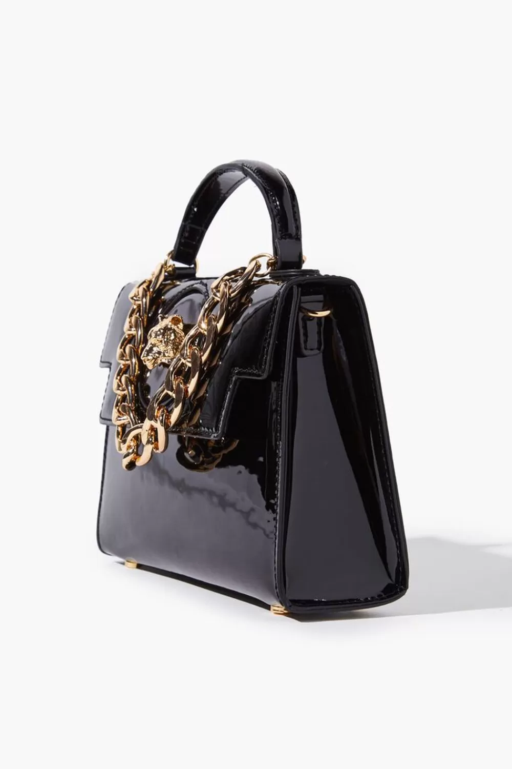 Bags + Backpacks>Forever 21 Tiger-Embellished Faux Patent Leather Satchel Black