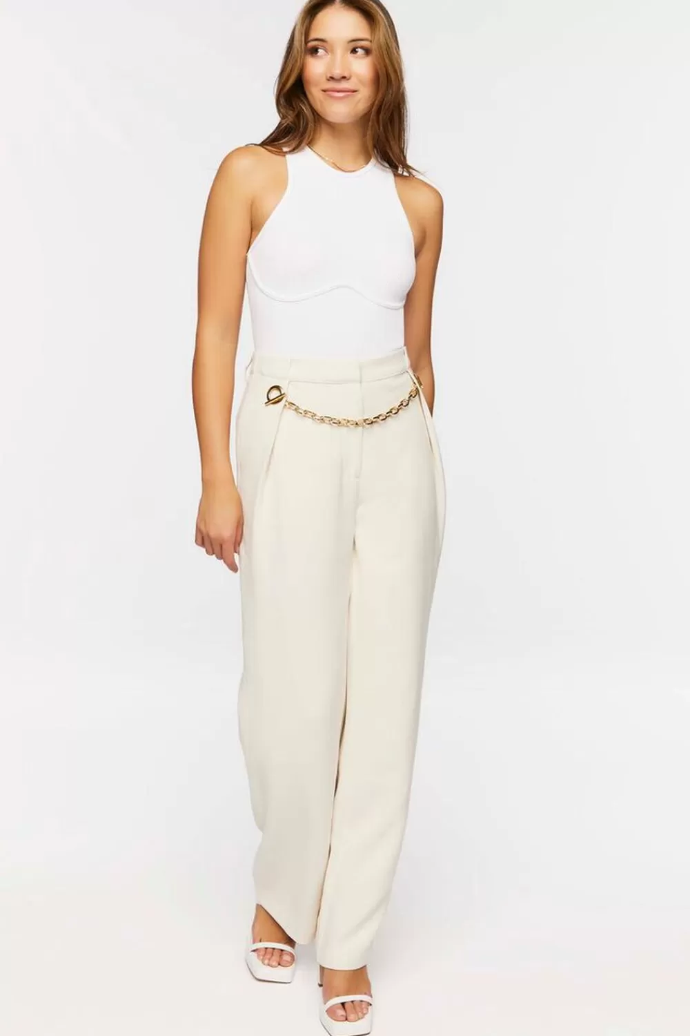 Bottoms>Forever 21 Toggle Chain High-Rise Trousers Cream