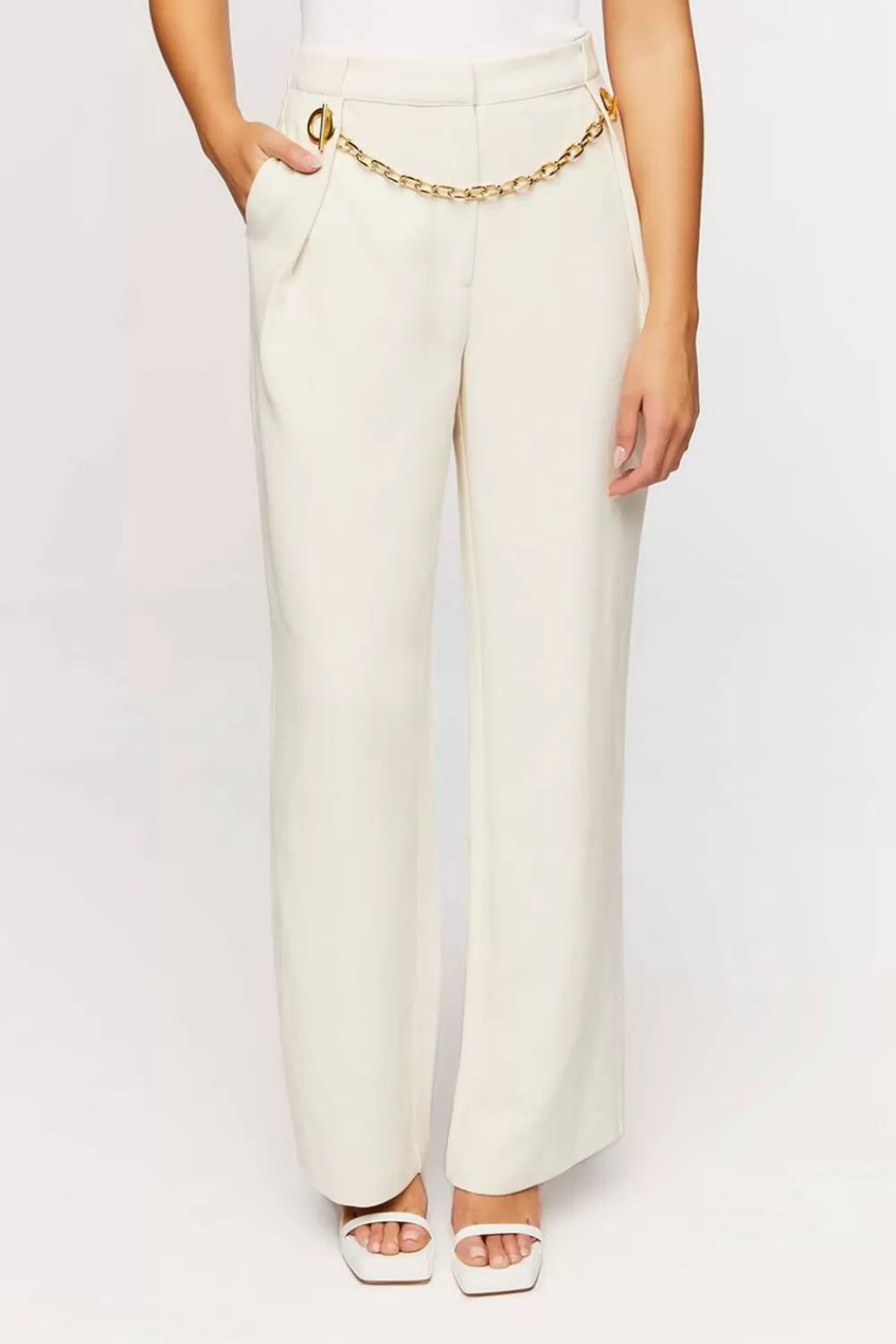 Bottoms>Forever 21 Toggle Chain High-Rise Trousers Cream