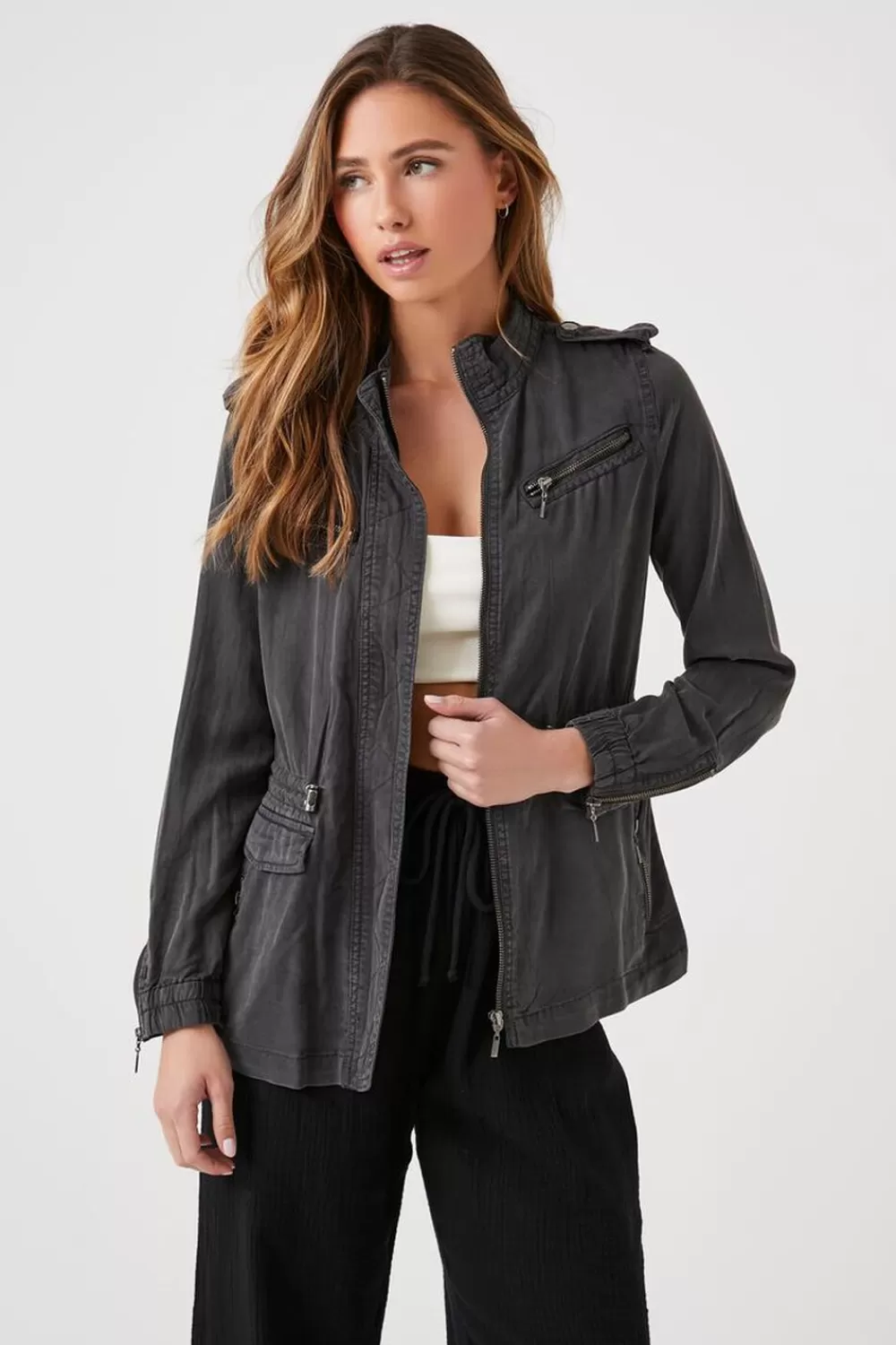 Jackets + Outerwear>Forever 21 Toggle Drawstring Utility Jacket Charcoal