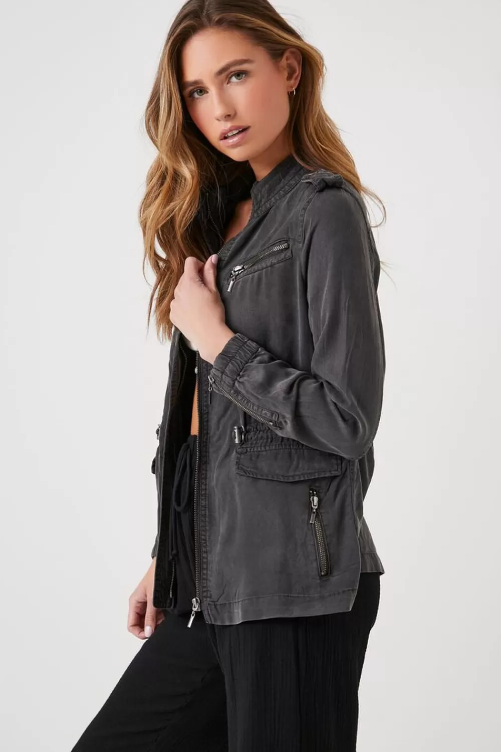 Jackets + Outerwear>Forever 21 Toggle Drawstring Utility Jacket Charcoal