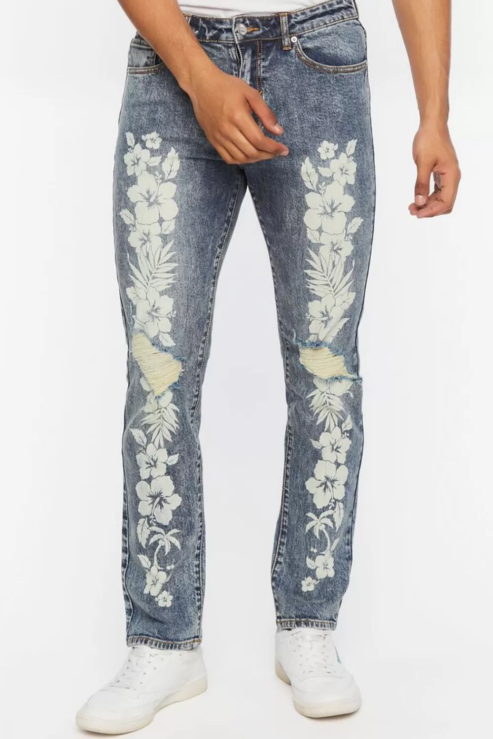 Jeans + Denim>Forever 21 Tropical Floral Distressed Slim-Fit Jeans Medium Denim